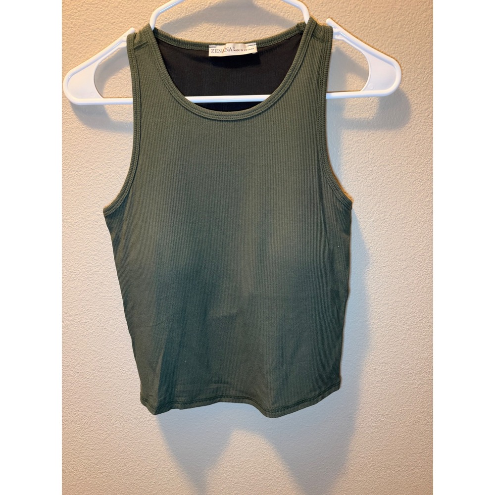 Zenana Green Ribbed Tank Top Built-In Padded Shelf Bra Racerback RRT-8482 Small